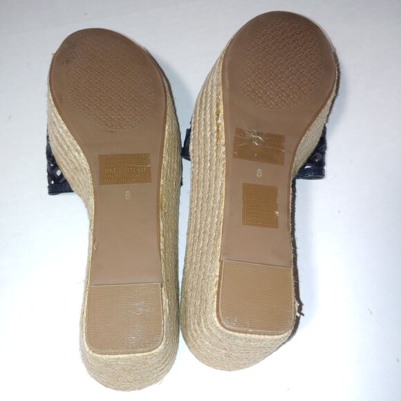 Tory Burch Black Perforated Slide Leather Espadrille Wedge Sandals Size 8 - Picture 7 of 10